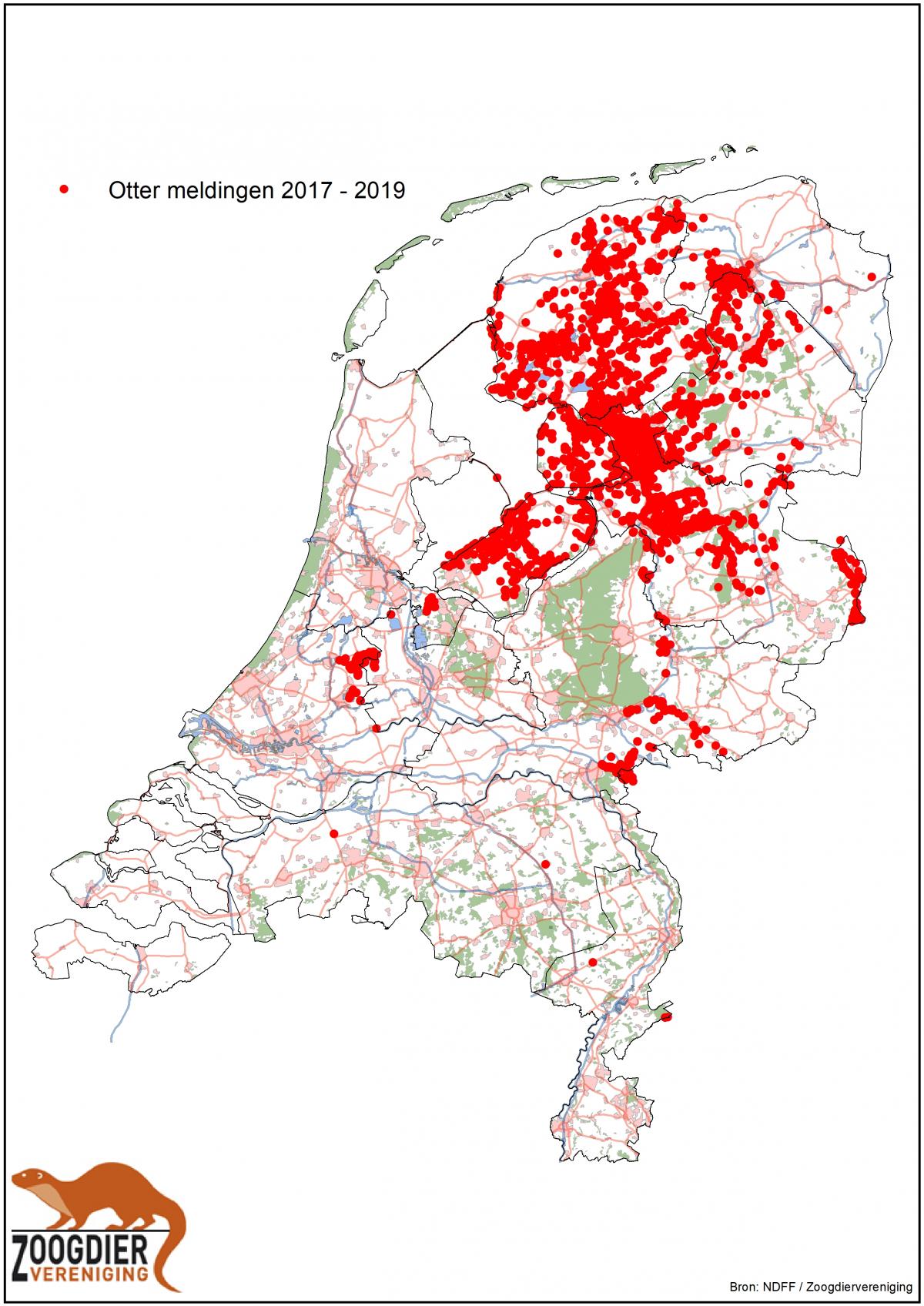 Figuur 1. Verspreiding van otter in de periode 2017-2019 (Bron: Zoogdiervereniging/NDFF)