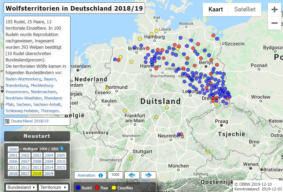 Overzicht van bevestigde wolventerritoria in Duitsland 2018-2019 (Bron: DBBW)
