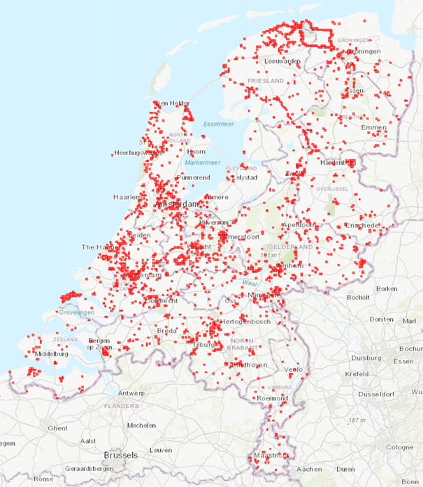 Verspreiding van waarnemingen van mollen(sporen) die tijdens het Mollenweekend doorgegeven zijn via waarneming.nl (Bron: www.waarneming.nl.)