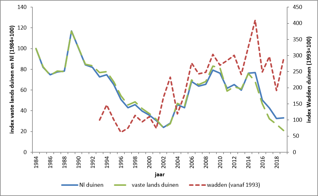 Figuur 1. Geïndexeerde aantalsontwikkeling van het konijn in de duinen van Nederland, in de vastelandduinen en op de wadden in de periode 1984-2019