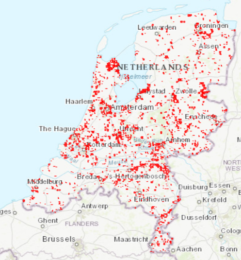 Verspreidingskaart van waarnemingen van mollen(sporen) die bij Waarneming.nl zijn doorgegeven tijdens de Mollentelling 14 tot en met 16 februari 1km-grid (bron: Waarneming.nl).