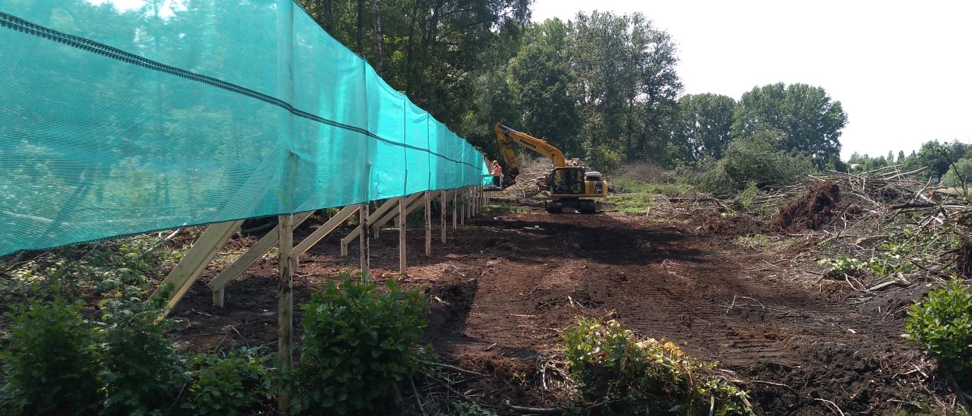 Plaatsing van de eerste vleermuisschermen naast de behouden bosstrook. (bron: Jeroen Demmer)